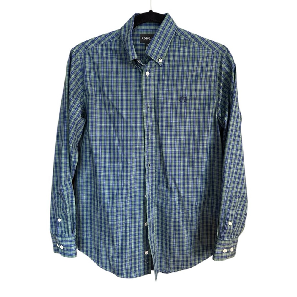 Ralph Lauren Black Label Youth Size 18 Cotton Blue Green Plaid Dress Shirt